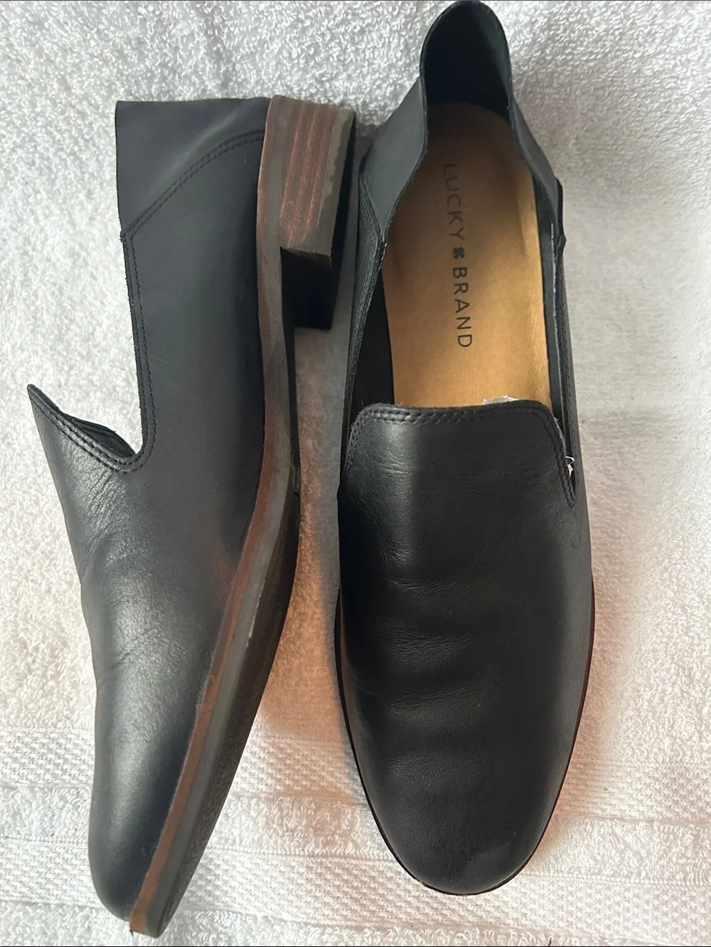 Lucky Brand Black Leather Slip-On Loafers with Brown Stacked Heel